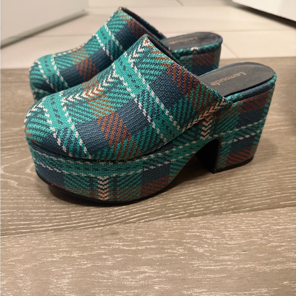 Larroude Women's Teal and Navy Plaid Platform Clogs / Mules
